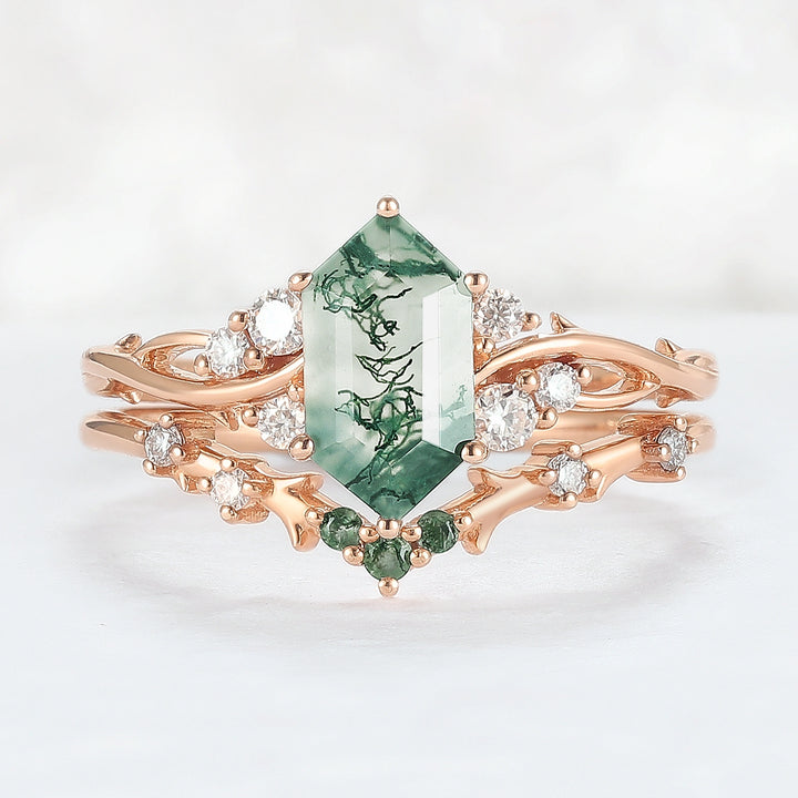 Nature Hexagon Cut Moss Agate Twig Ring Set 2pcs