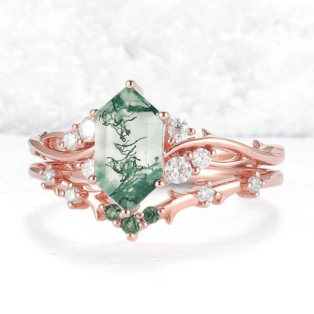 Nature Hexagon Cut Moss Agate Twig Ring Set 2pcs