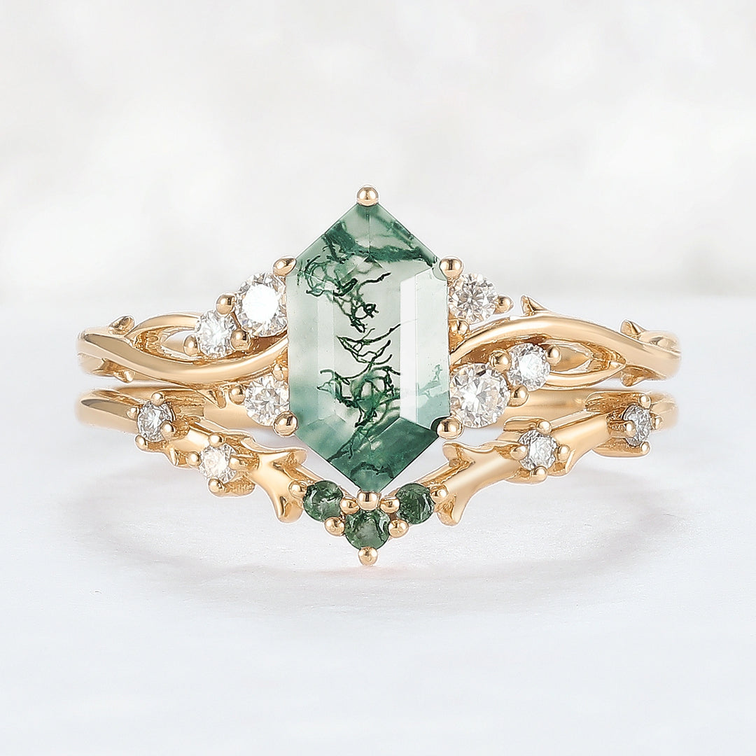 Nature Hexagon Cut Moss Agate Twig Ring Set 2pcs