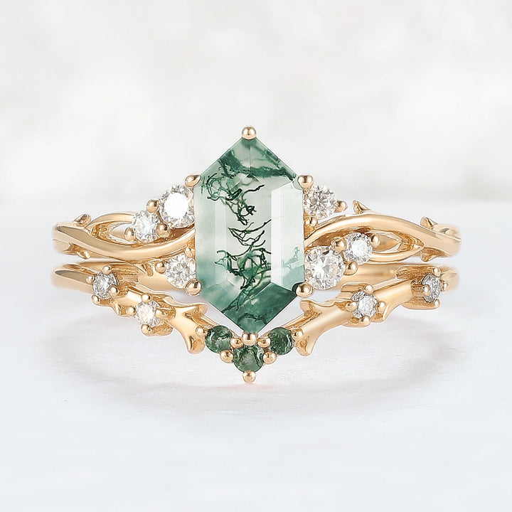 Nature Hexagon Cut Moss Agate Twig Ring Set 2pcs
