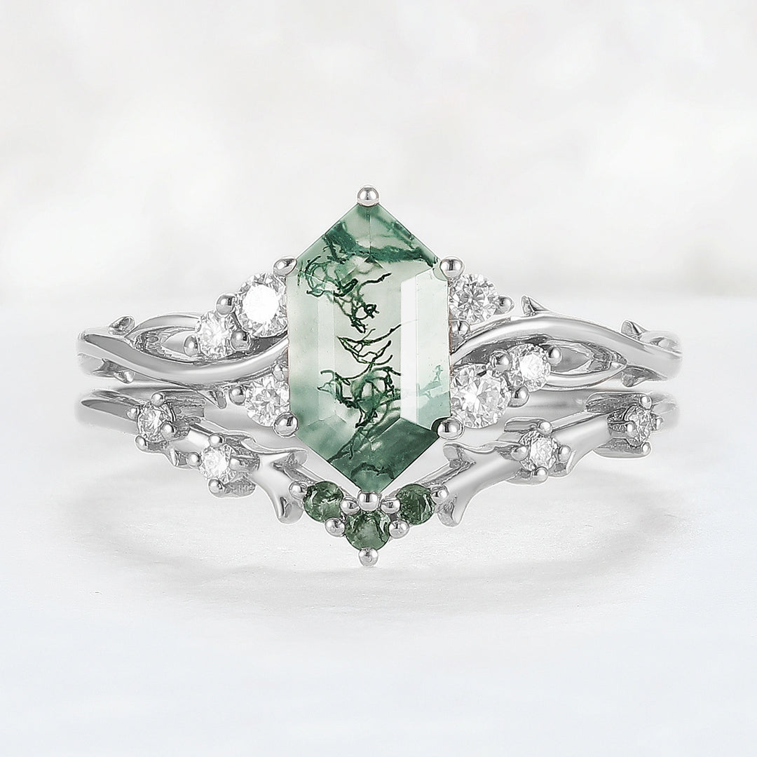 Nature Hexagon Cut Moss Agate Twig Ring Set 2pcs
