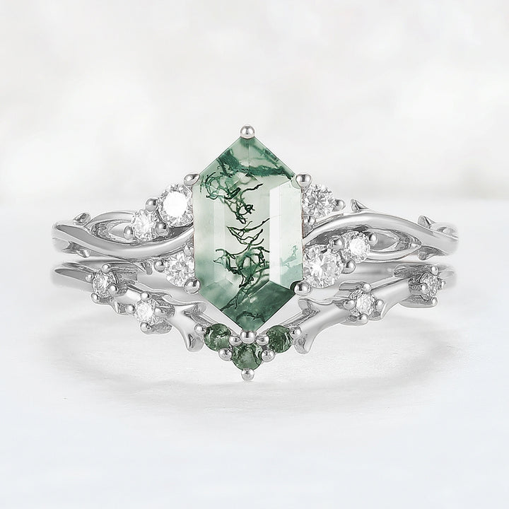 Nature Hexagon Cut Moss Agate Twig Ring Set 2pcs