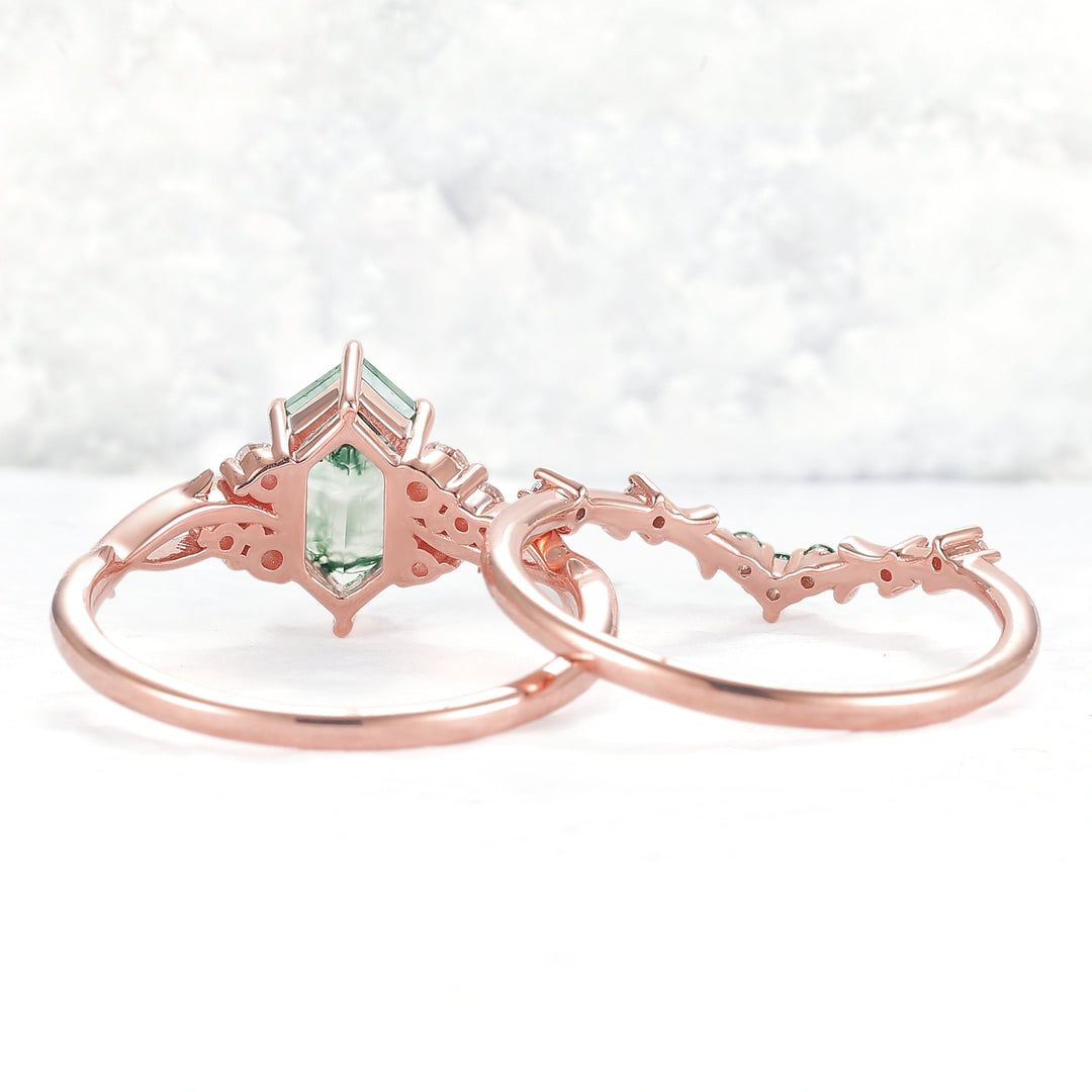 Nature Hexagon Cut Moss Agate Twig Ring Set 2pcs