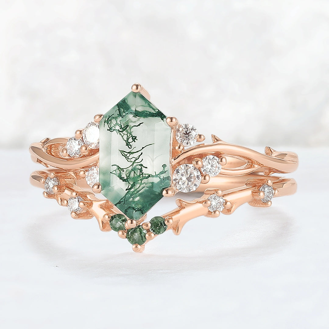 Nature Hexagon Cut Moss Agate Twig Ring Set 2pcs
