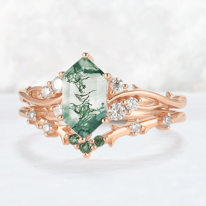 Nature Hexagon Cut Moss Agate Twig Ring Set 2pcs
