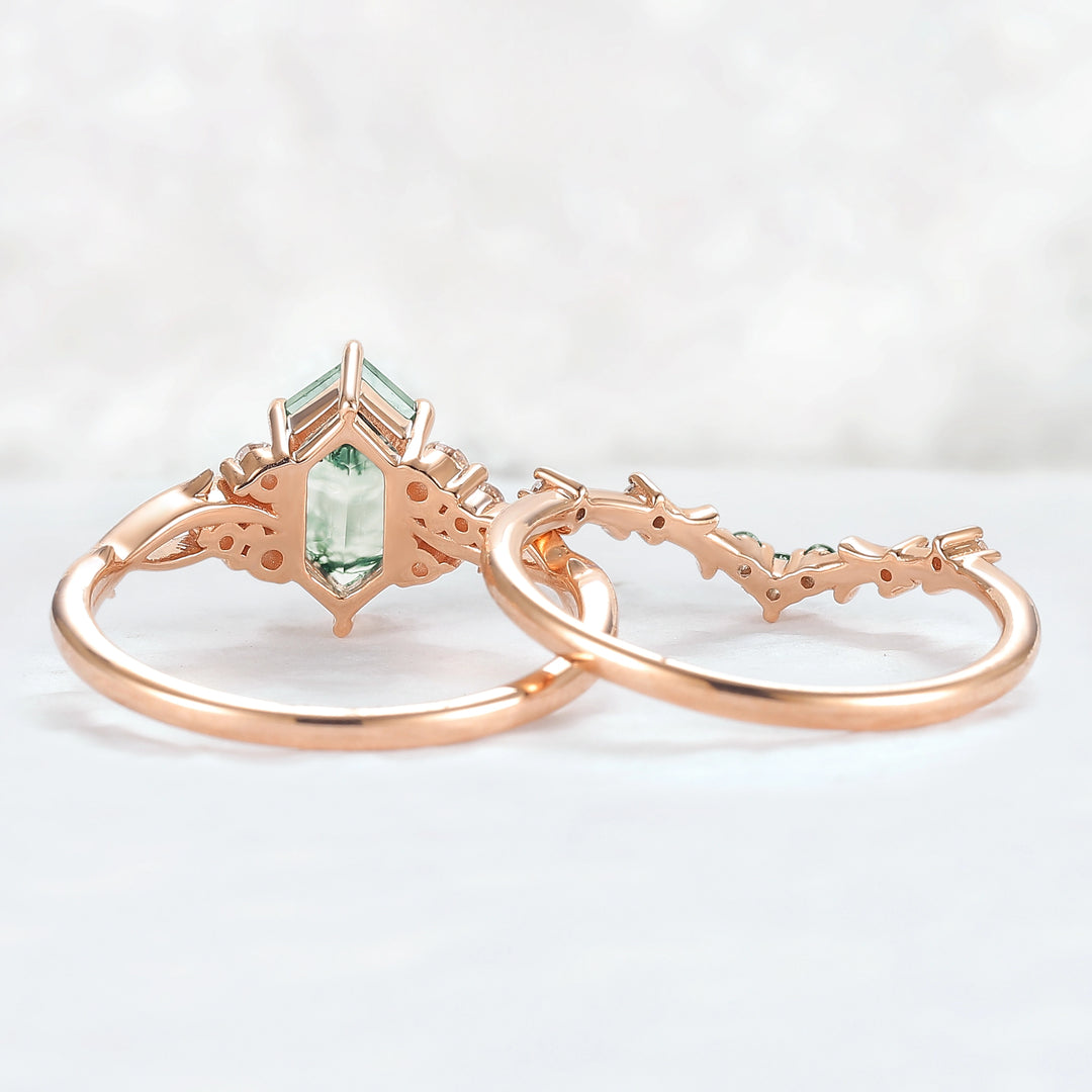 Nature Hexagon Cut Moss Agate Twig Ring Set 2pcs