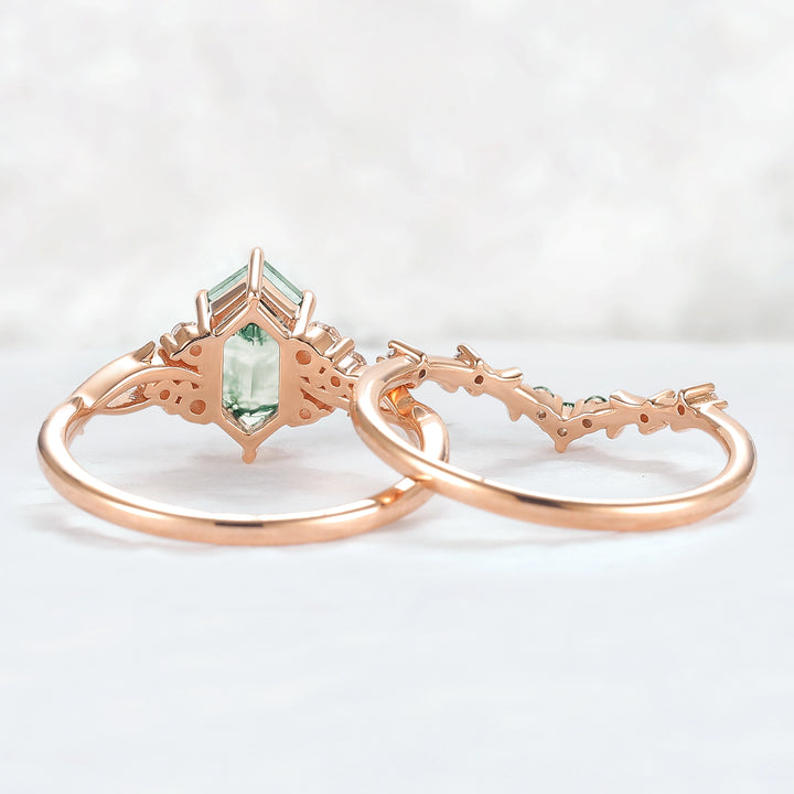 Nature Hexagon Cut Moss Agate Twig Ring Set 2pcs