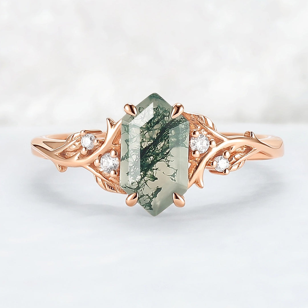 Nature Hexagon Cut Moss Agate Vine Engagement Ring