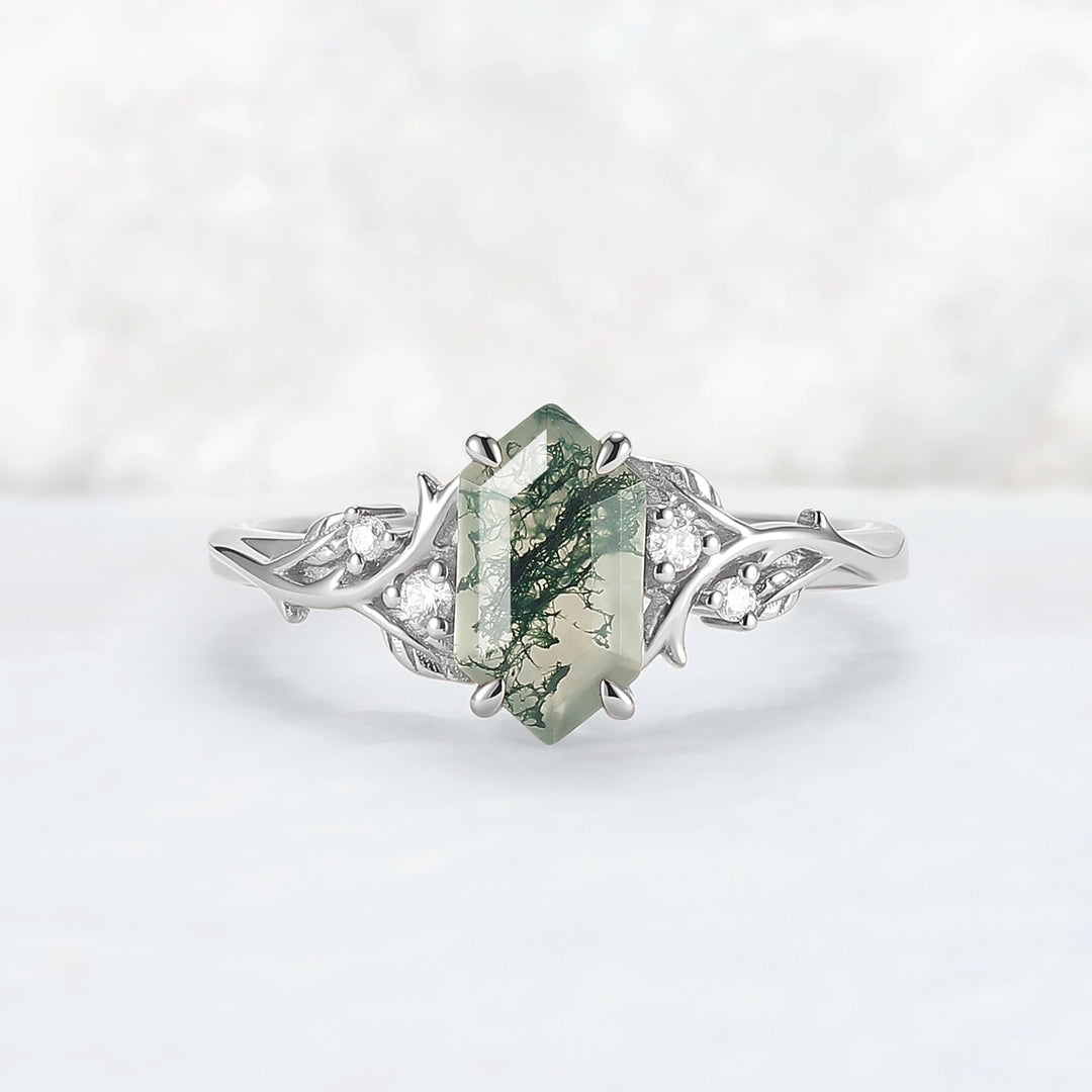 Nature Hexagon Cut Moss Agate Vine Engagement Ring