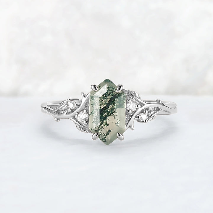 Nature Hexagon Cut Moss Agate Vine Engagement Ring