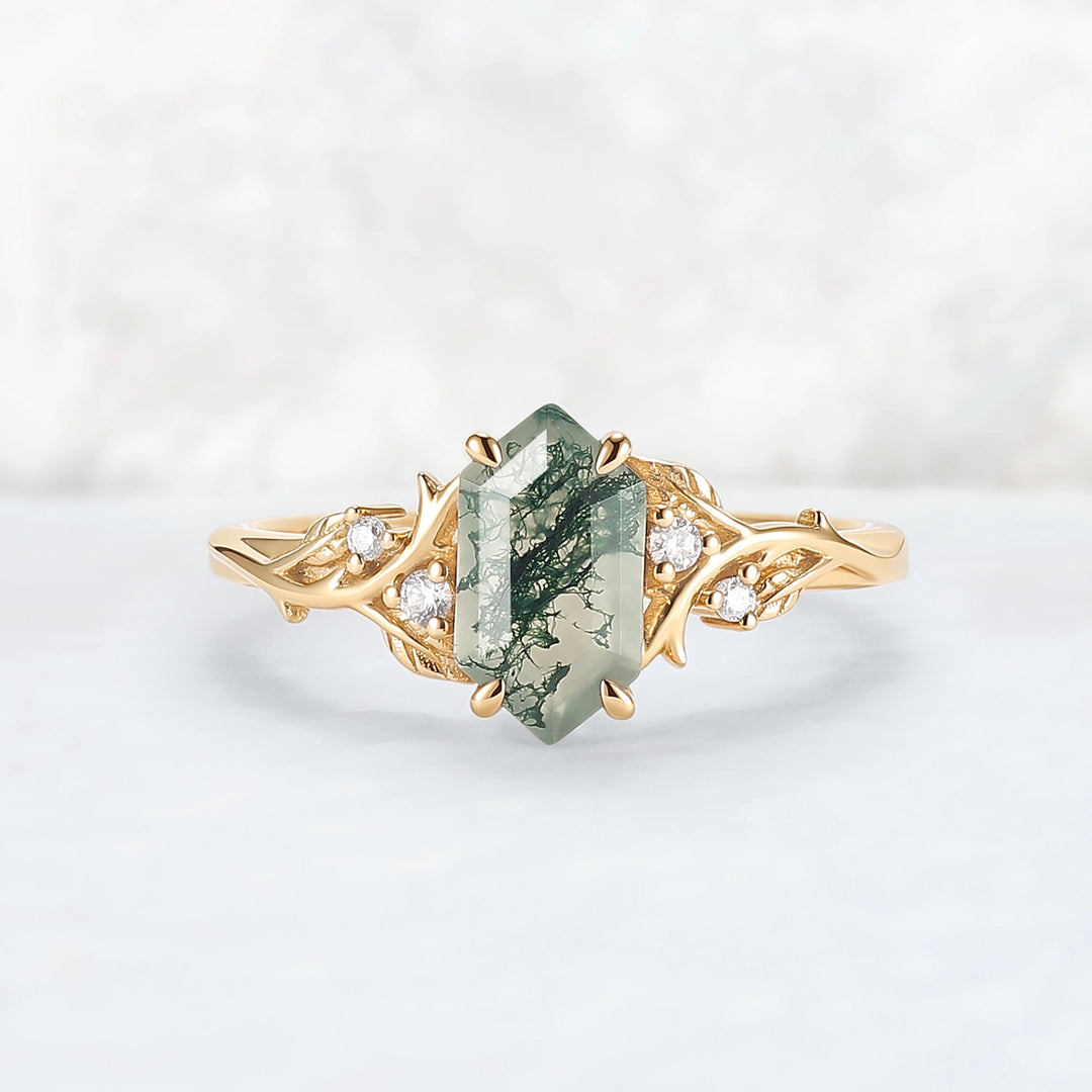 Nature Hexagon Cut Moss Agate Vine Engagement Ring