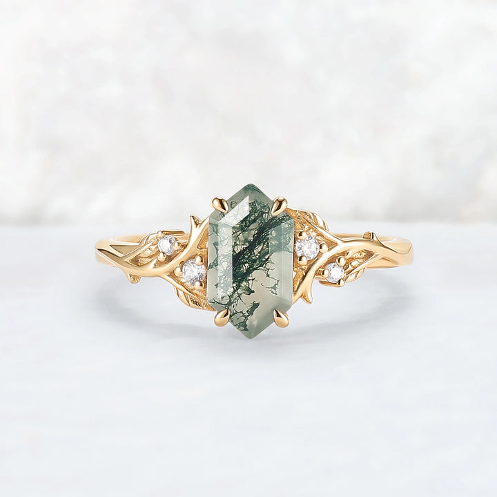 Nature Hexagon Cut Moss Agate Vine Engagement Ring
