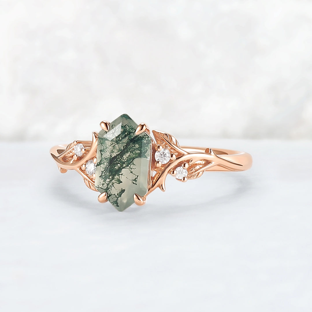 Nature Hexagon Cut Moss Agate Vine Engagement Ring
