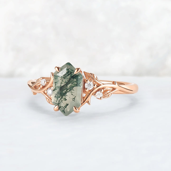 Nature Hexagon Cut Moss Agate Vine Engagement Ring