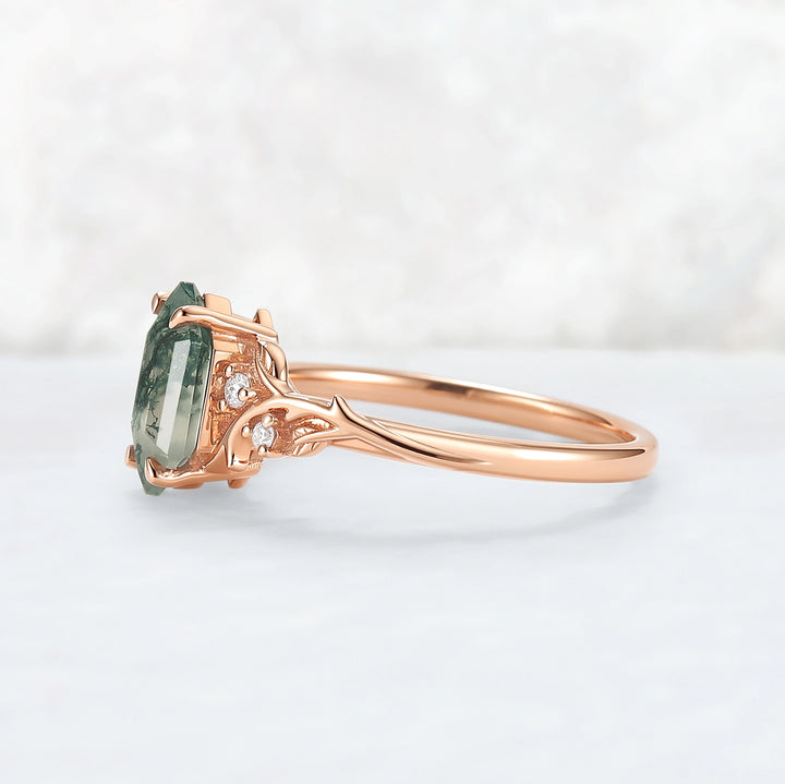 Nature Hexagon Cut Moss Agate Vine Engagement Ring