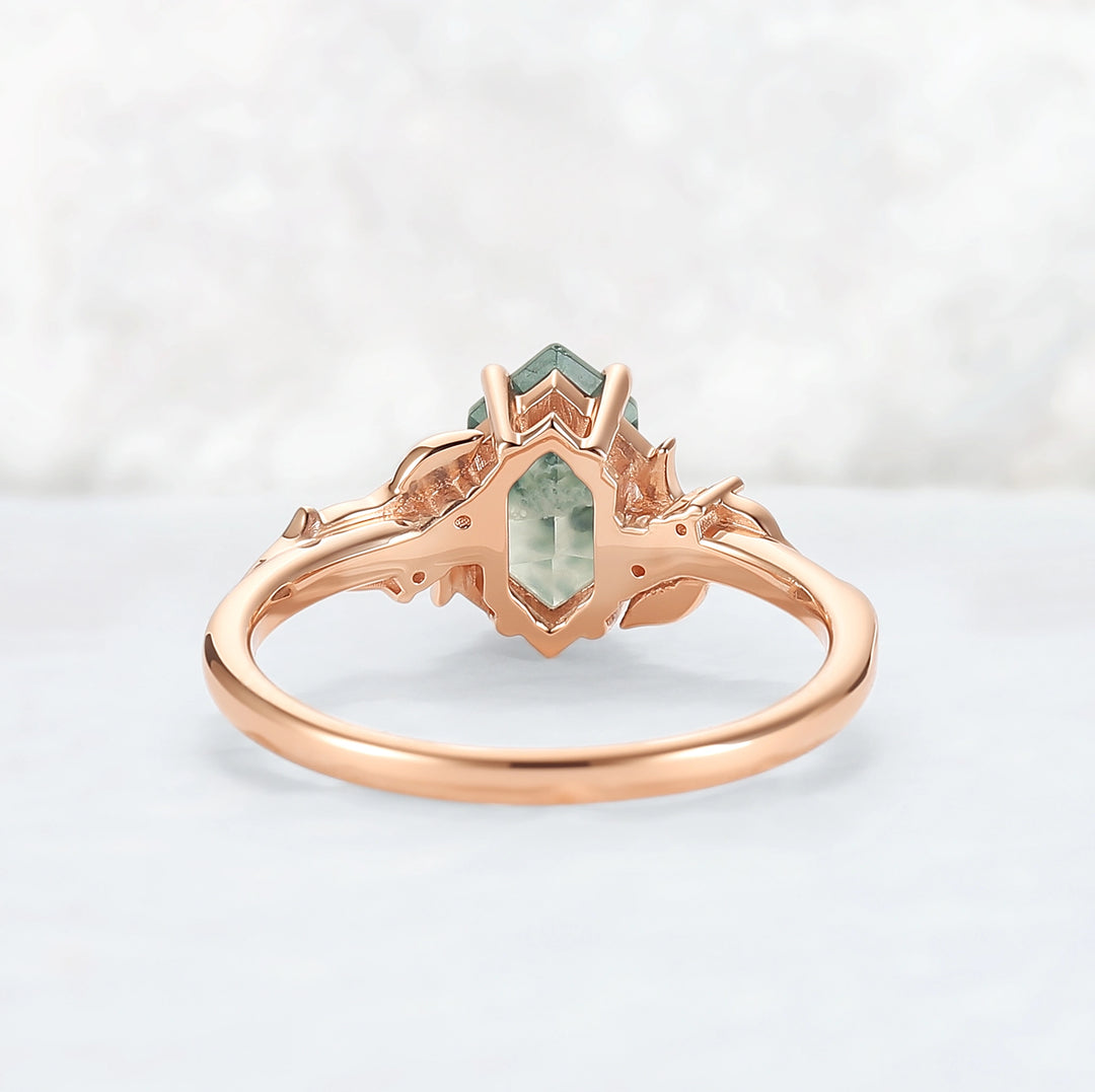 Nature Hexagon Cut Moss Agate Vine Engagement Ring
