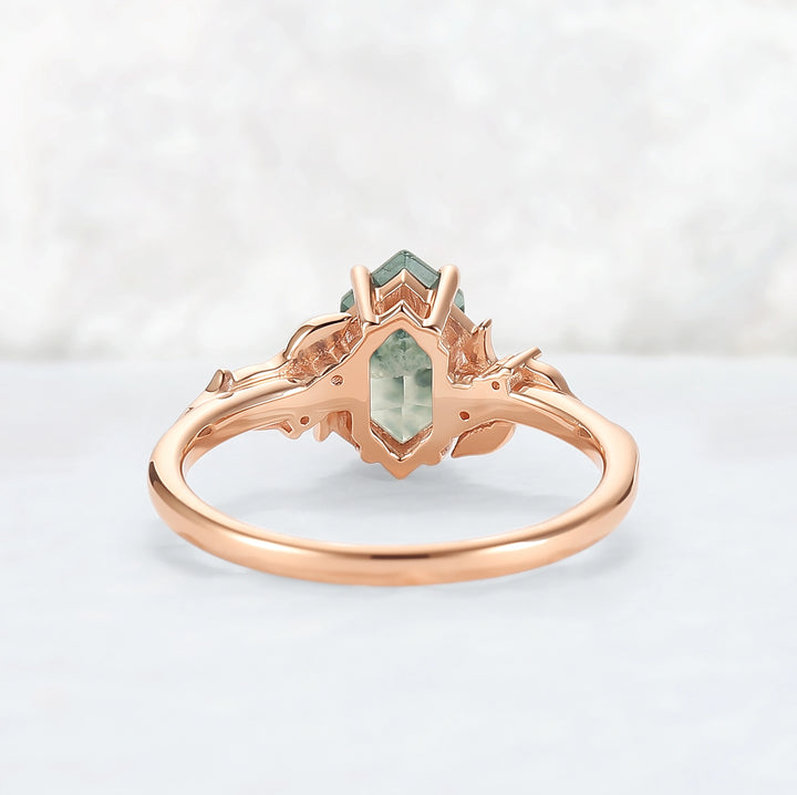 Nature Hexagon Cut Moss Agate Vine Engagement Ring