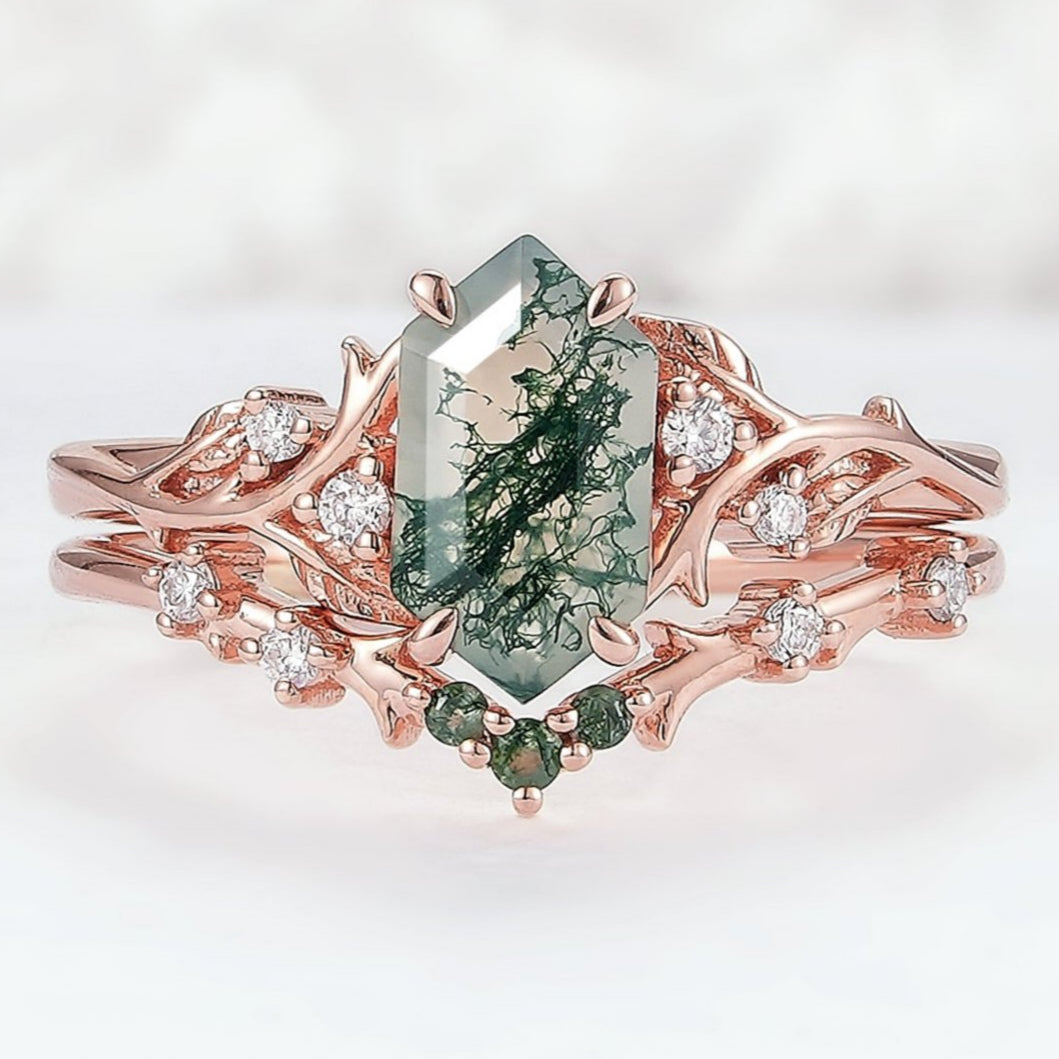 Nature Hexagon Cut Moss Agate Vine Engagement Ring Set 2pcs