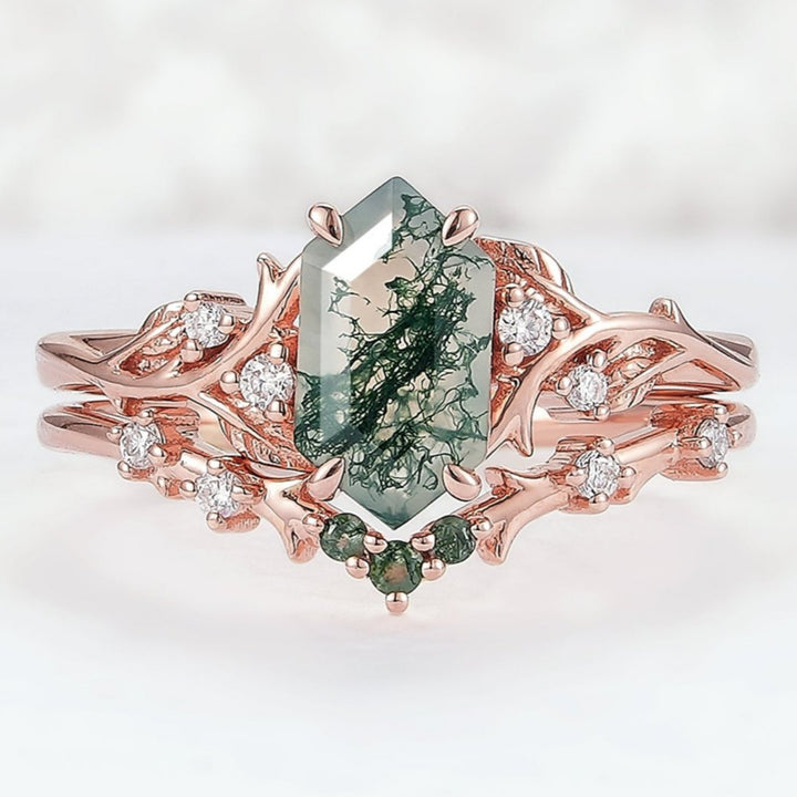 Nature Hexagon Cut Moss Agate Vine Engagement Ring Set 2pcs