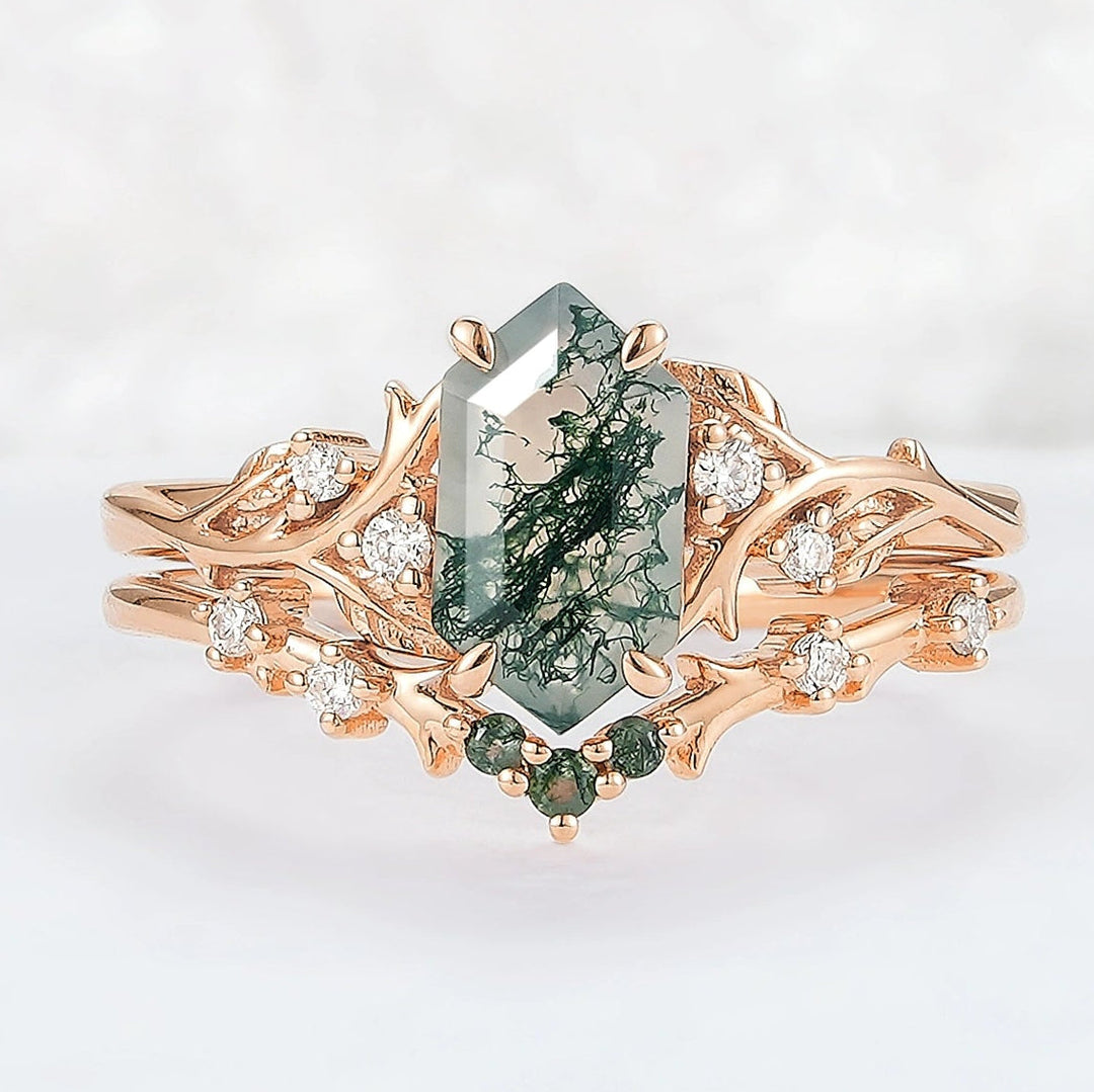 Nature Hexagon Cut Moss Agate Vine Ring Set 2pcs