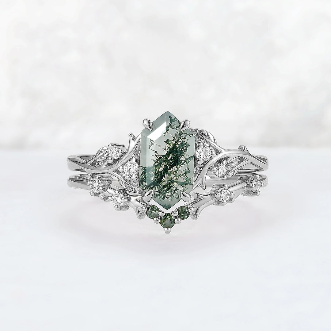 Nature Hexagon Cut Moss Agate Vine Ring Set 2pcs