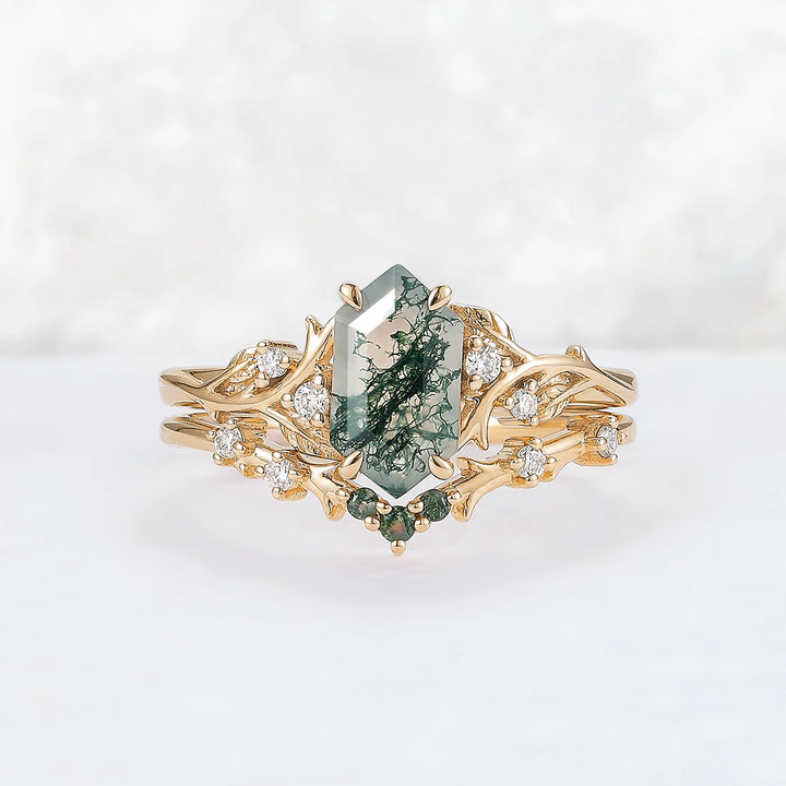 Nature Hexagon Cut Moss Agate Vine Ring Set 2pcs