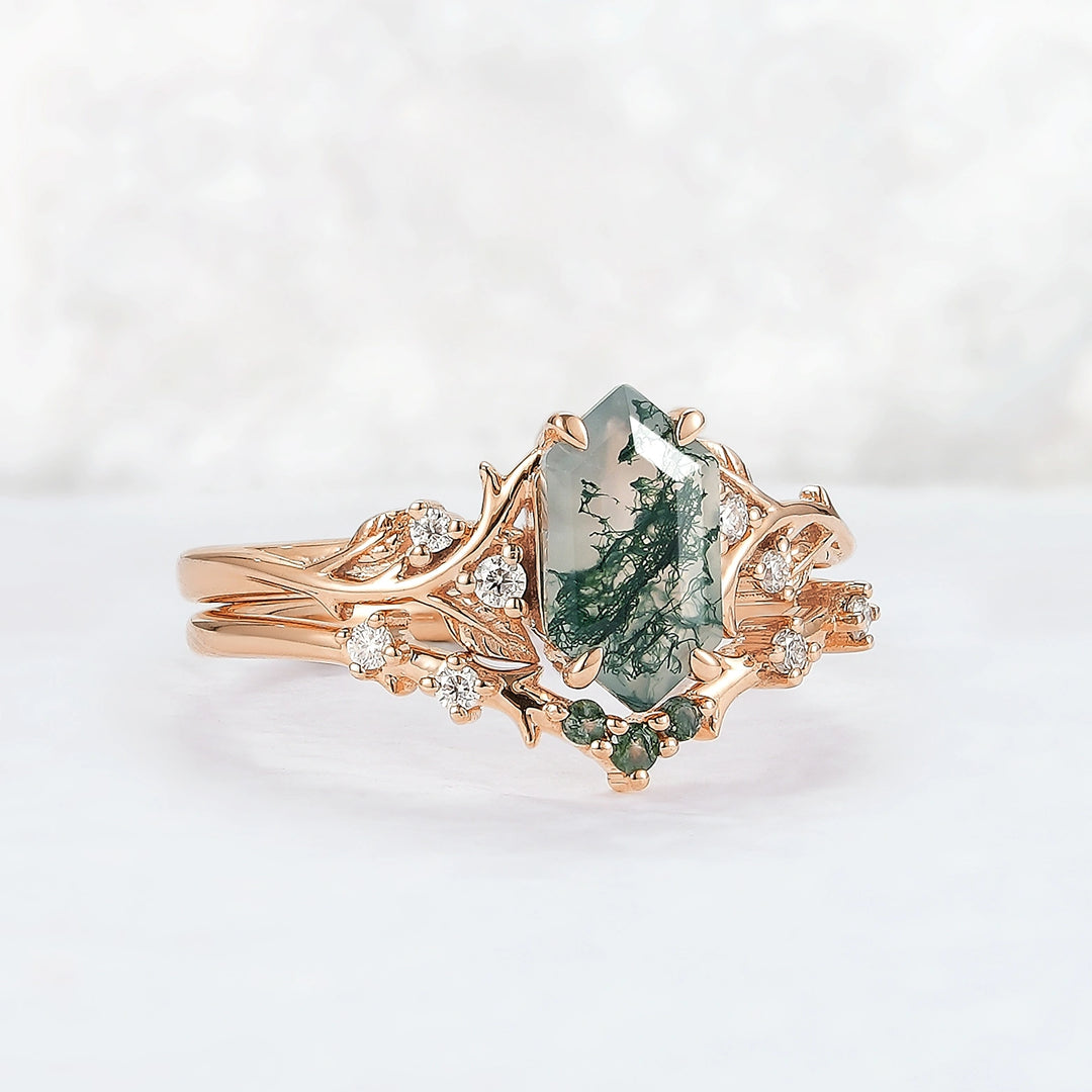 Nature Hexagon Cut Moss Agate Vine Ring Set 2pcs