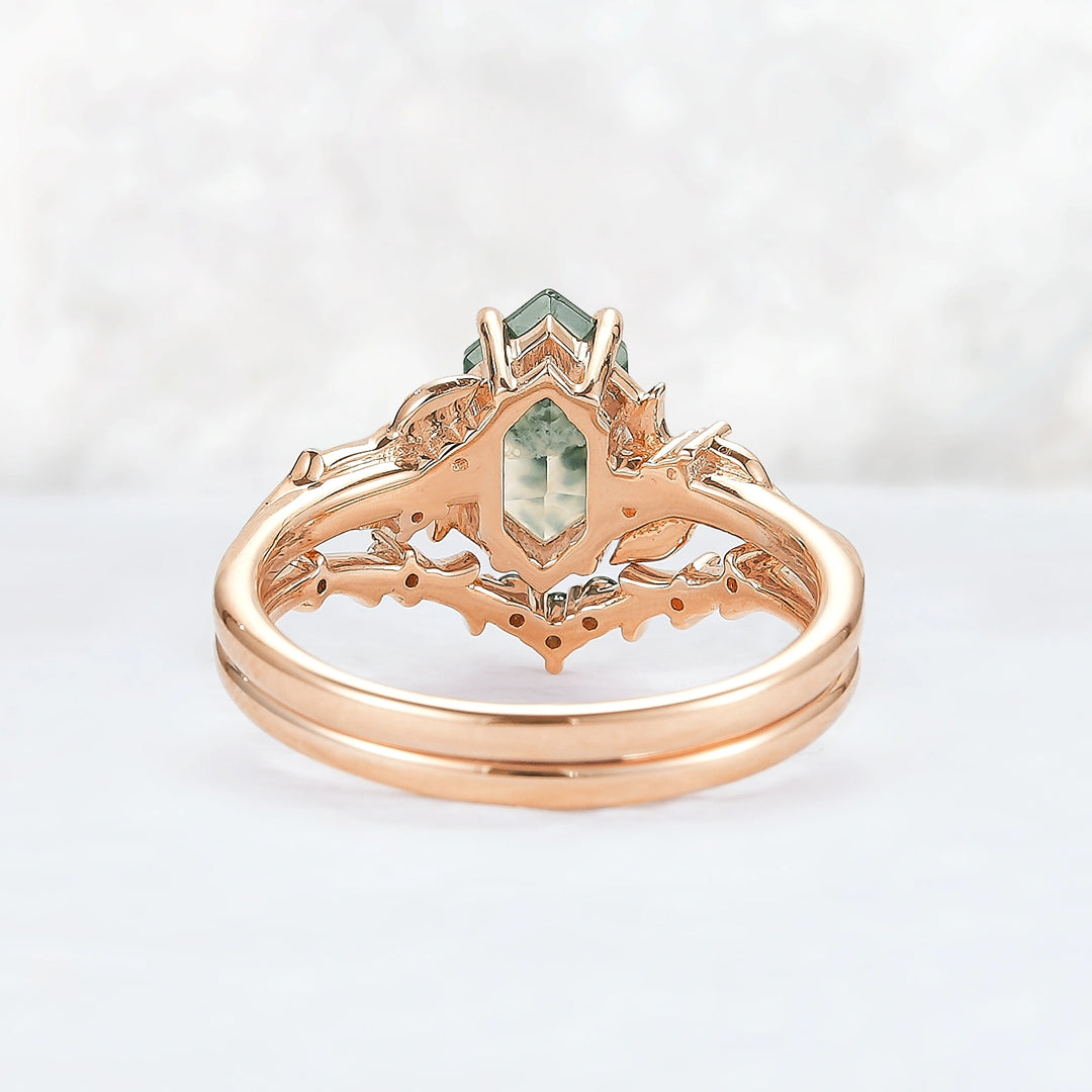 Nature Hexagon Cut Moss Agate Vine Ring Set 2pcs