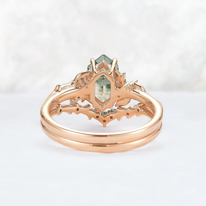Nature Hexagon Cut Moss Agate Vine Ring Set 2pcs