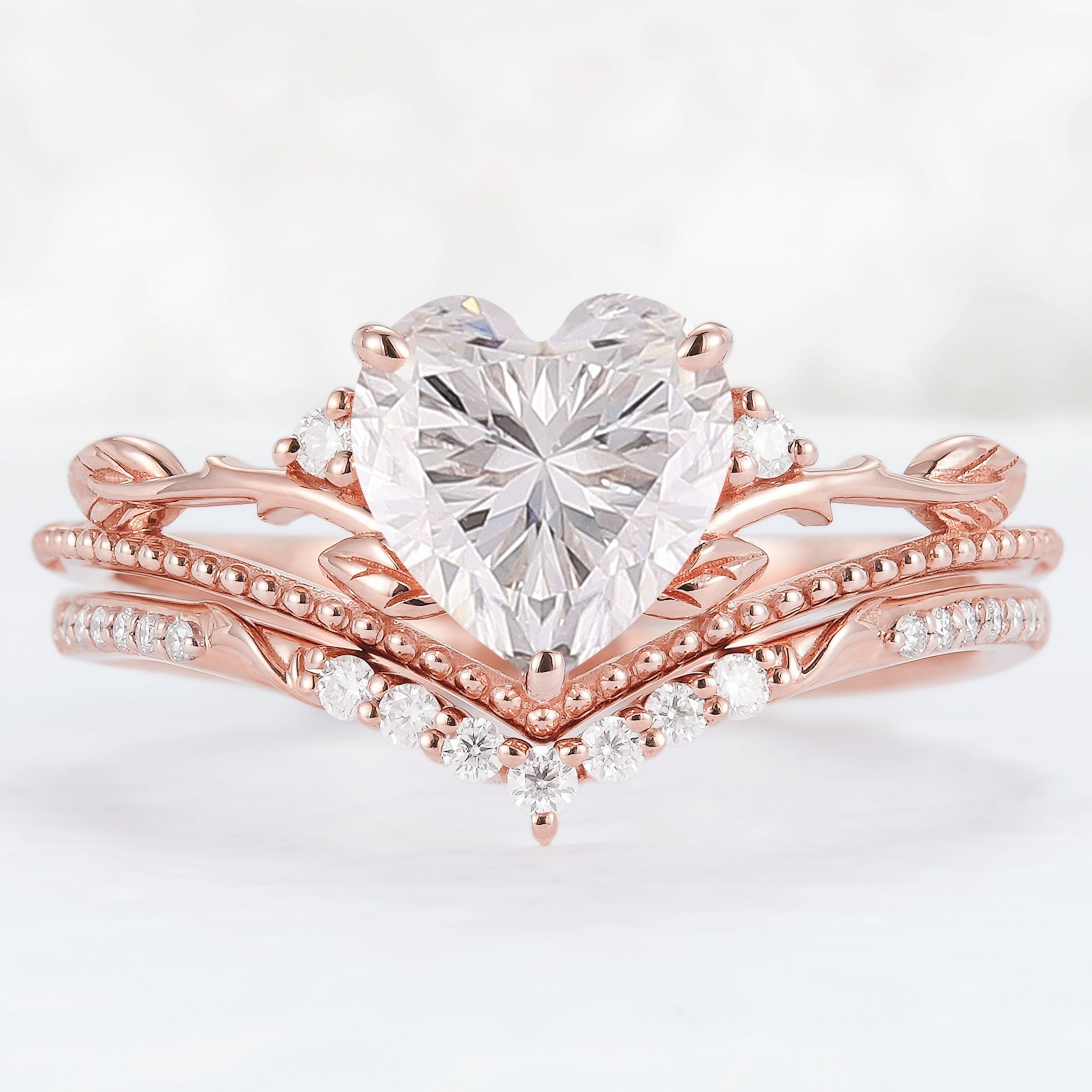Nature Insipred Moissanite Leaf Vine Engagement Ring Set 2pcs