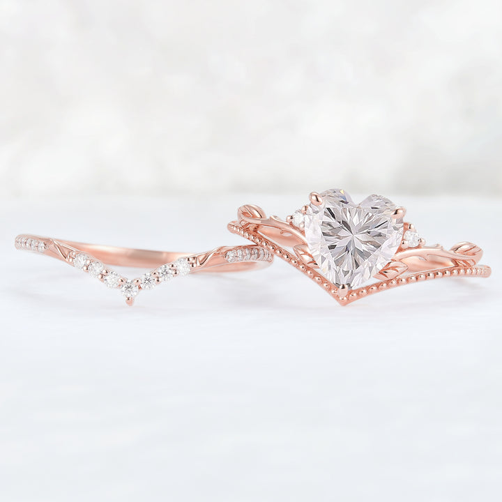 Nature Insipred Moissanite Leaf Vine Engagement Ring Set 2pcs