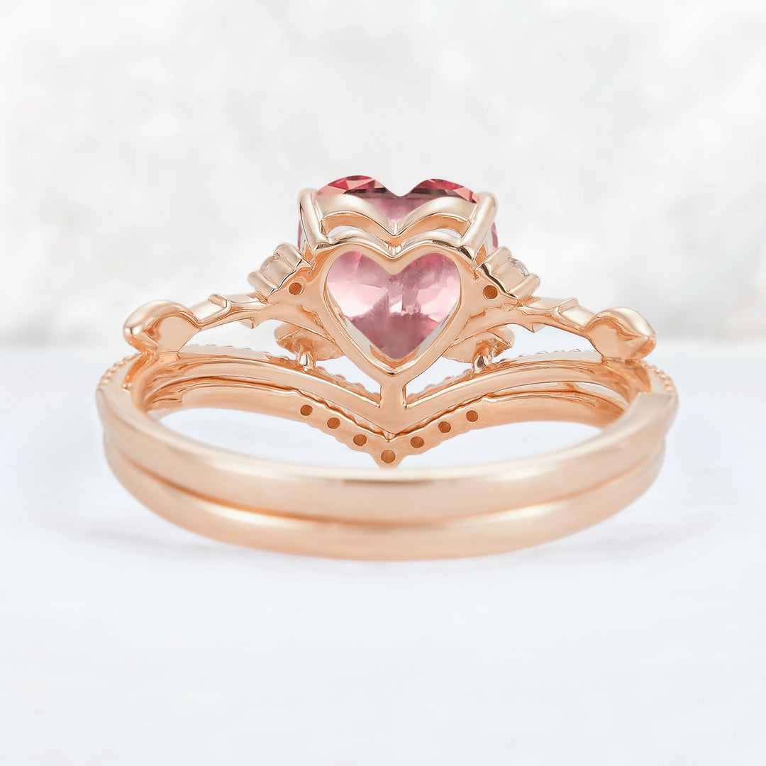 Nature Insipred Lab Padparadscha Leaf Vine Gemstone Ring Set 2pcs