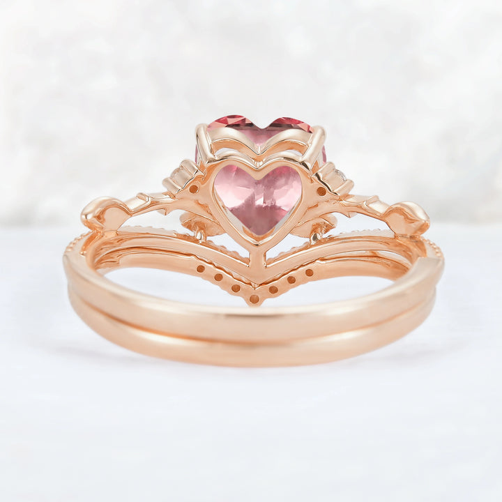 Nature Insipred Lab Padparadscha Leaf Vine Gemstone Ring Set 2pcs