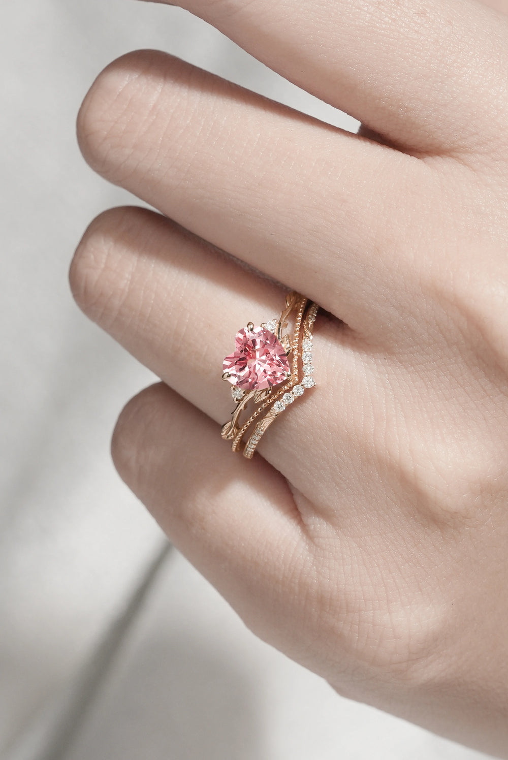 Nature Insipred Lab Padparadscha Leaf Vine Gemstone Ring Set 2pcs