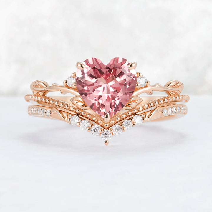 Nature Insipred Lab Padparadscha Leaf Vine Gemstone Ring Set 2pcs