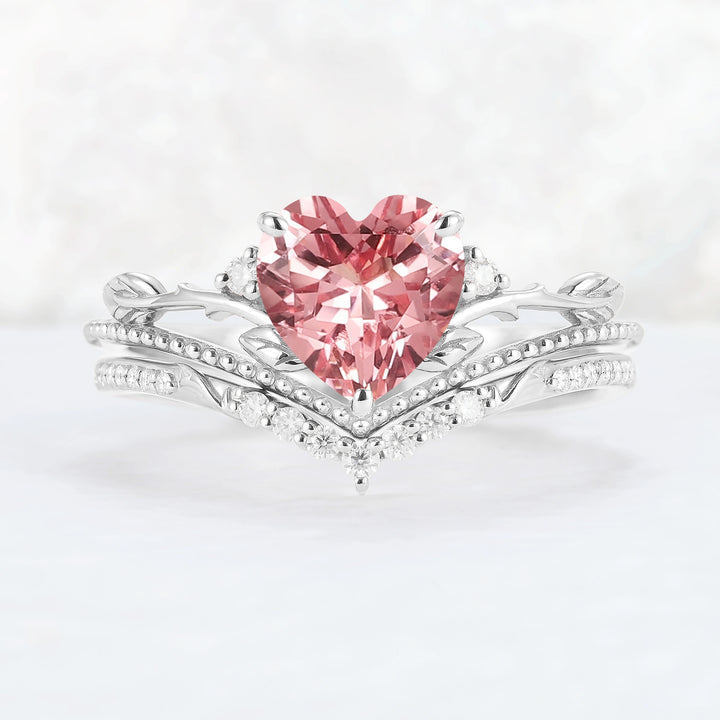 Nature Insipred Lab Padparadscha Leaf Vine Gemstone Ring Set 2pcs