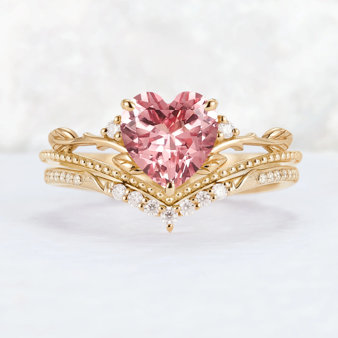 Nature Insipred Lab Padparadscha Leaf Vine Gemstone Ring Set 2pcs