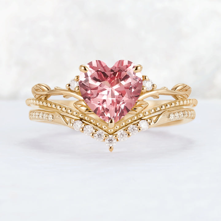 Nature Insipred Lab Padparadscha Leaf Vine Gemstone Ring Set 2pcs