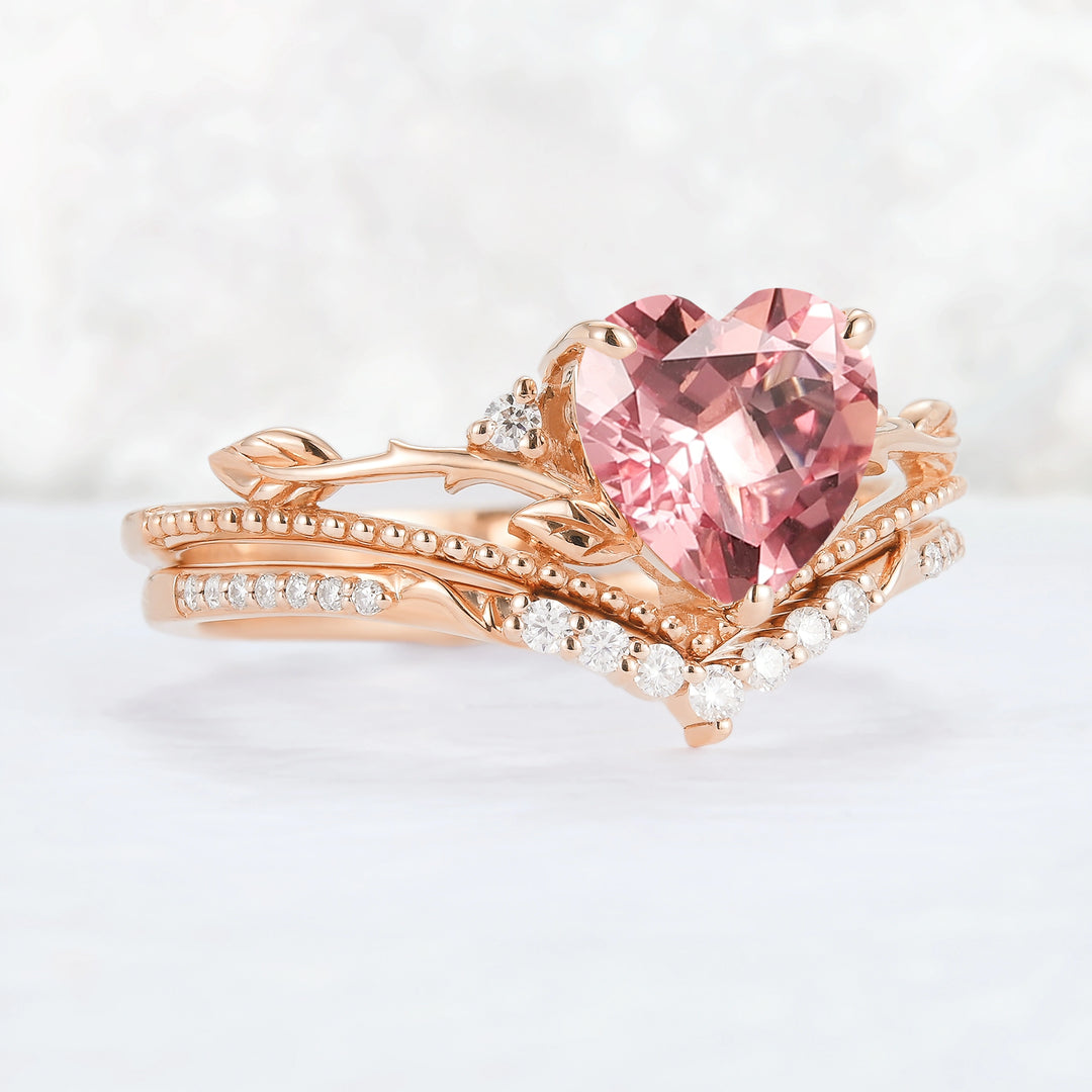 Nature Insipred Lab Padparadscha Leaf Vine Gemstone Ring Set 2pcs