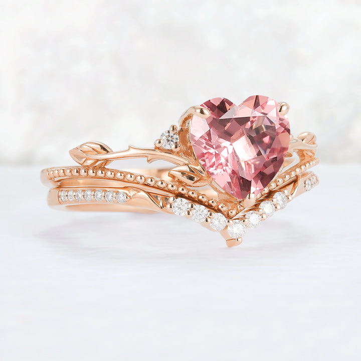 Nature Insipred Lab Padparadscha Leaf Vine Gemstone Ring Set 2pcs