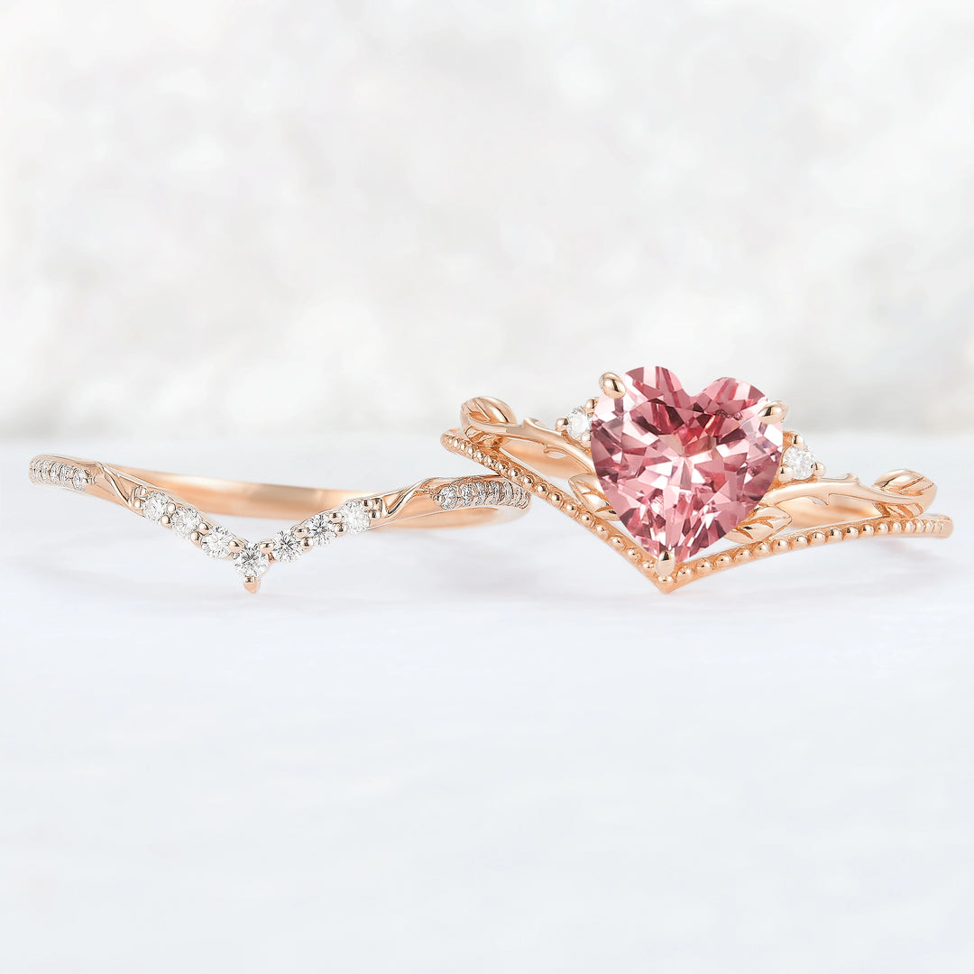 Nature Insipred Lab Padparadscha Leaf Vine Gemstone Ring Set 2pcs