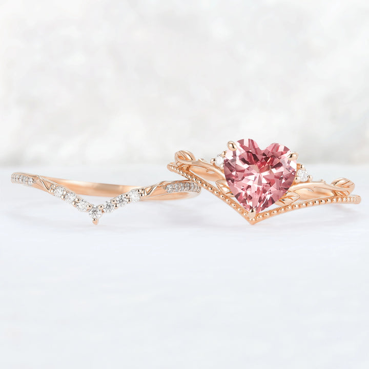 Nature Insipred Lab Padparadscha Leaf Vine Gemstone Ring Set 2pcs