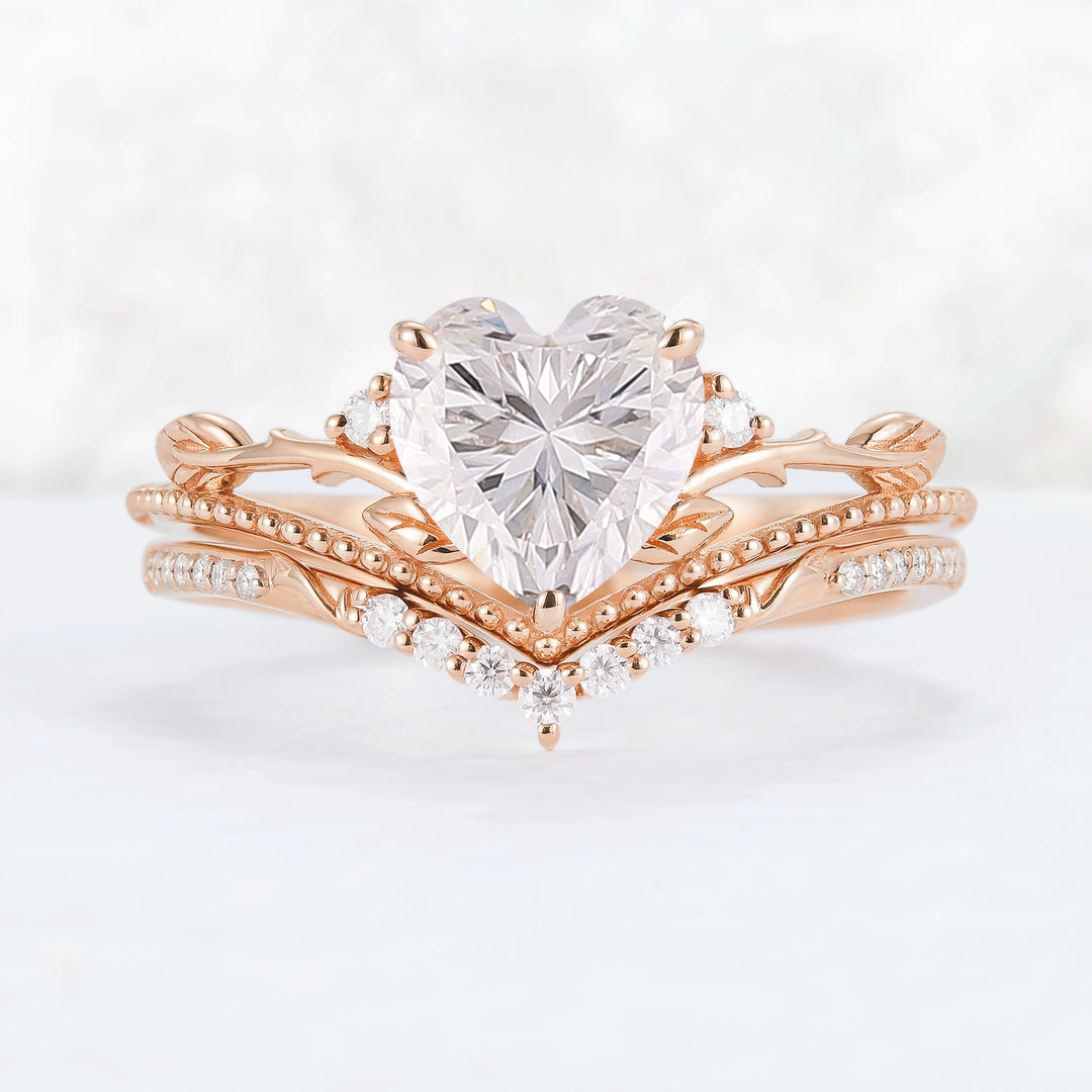 Nature Insipred Moissanite Leaf Vine Gemstone Ring Set 2pcs