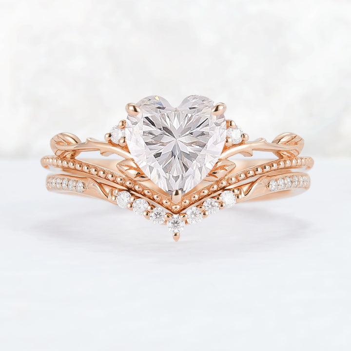 Nature Insipred Moissanite Leaf Vine Gemstone Ring Set 2pcs