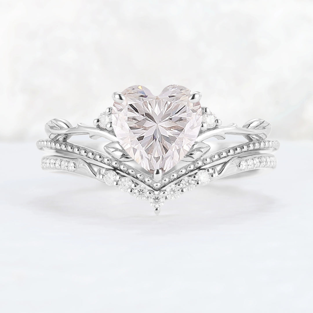 Nature Insipred Moissanite Leaf Vine Gemstone Ring Set 2pcs