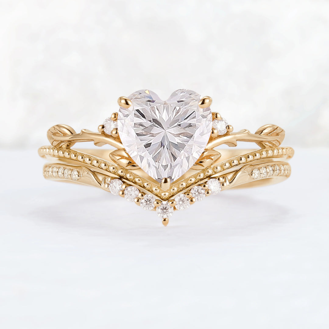 Nature Insipred Moissanite Leaf Vine Gemstone Ring Set 2pcs