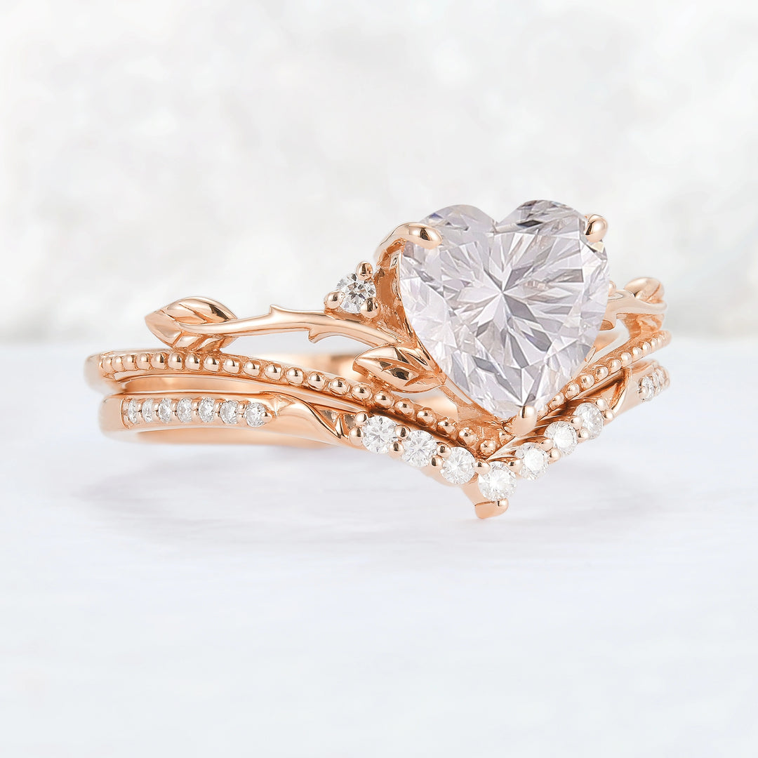 Nature Insipred Moissanite Leaf Vine Gemstone Ring Set 2pcs