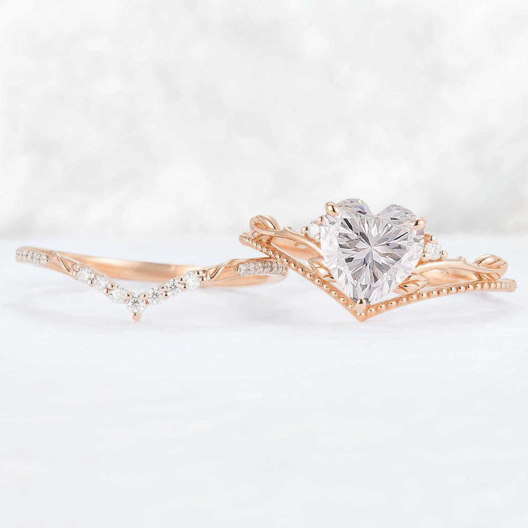 Nature Insipred Moissanite Leaf Vine Gemstone Ring Set 2pcs