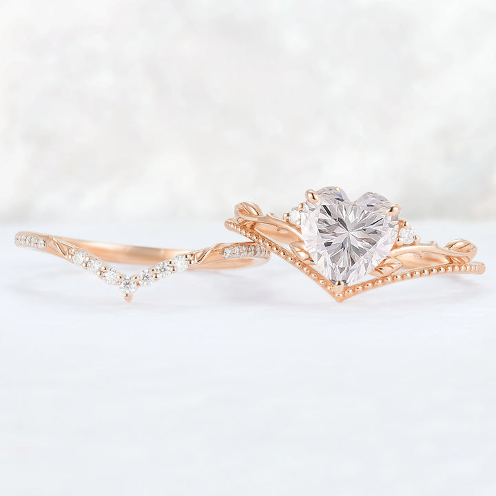 Nature Insipred Moissanite Leaf Vine Gemstone Ring Set 2pcs