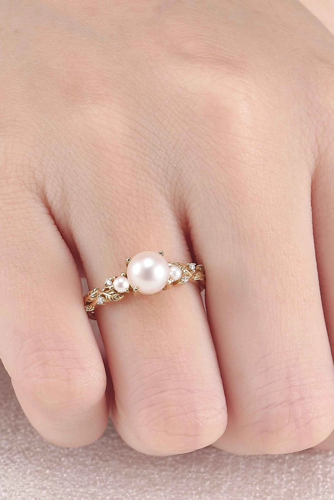 Nature Inspired Akoya Pearl Leafy Engagement Ring